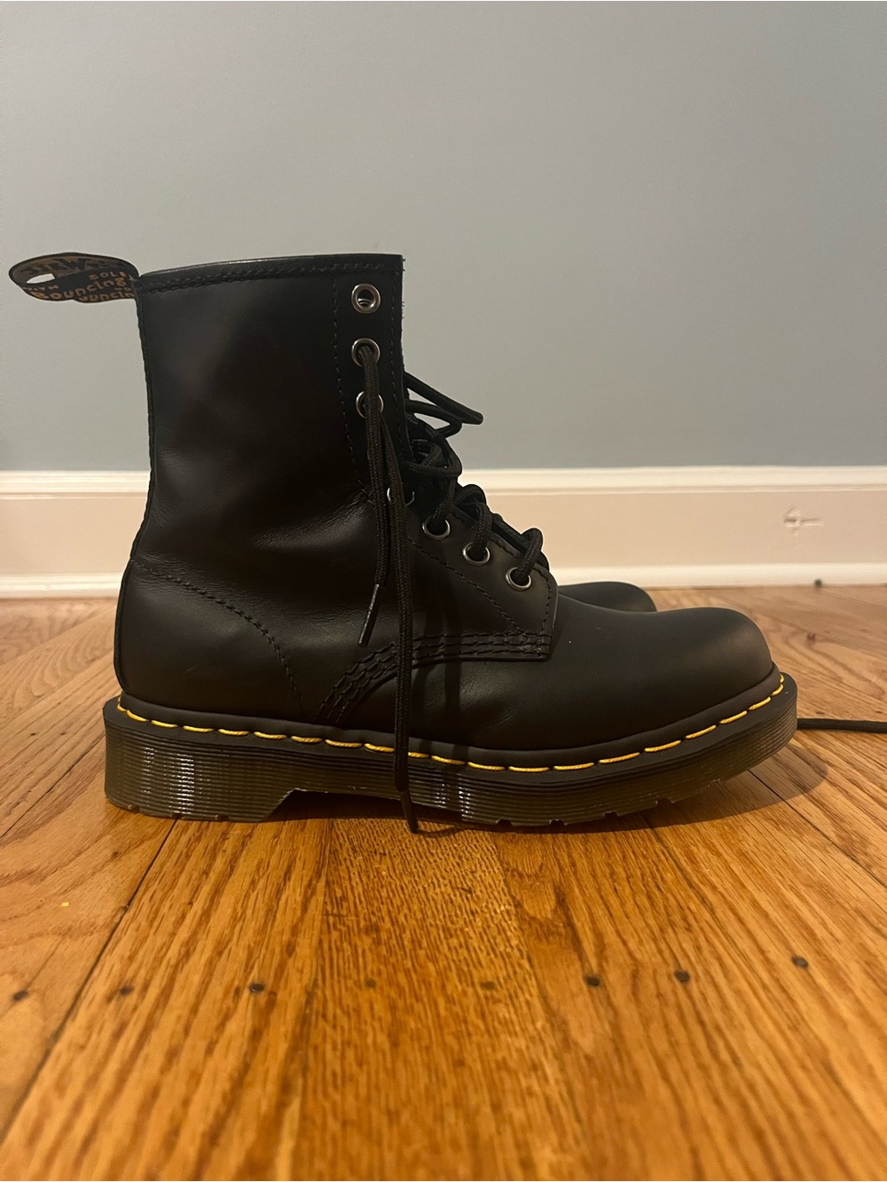 Dr. Martens Black Leather Lace-Up Boots SIZE 5-with Yellow Stitching Pull Tabs